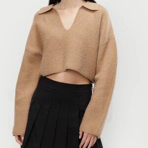 Oak + Fort cropped knit sweater with collar, Beige, size S